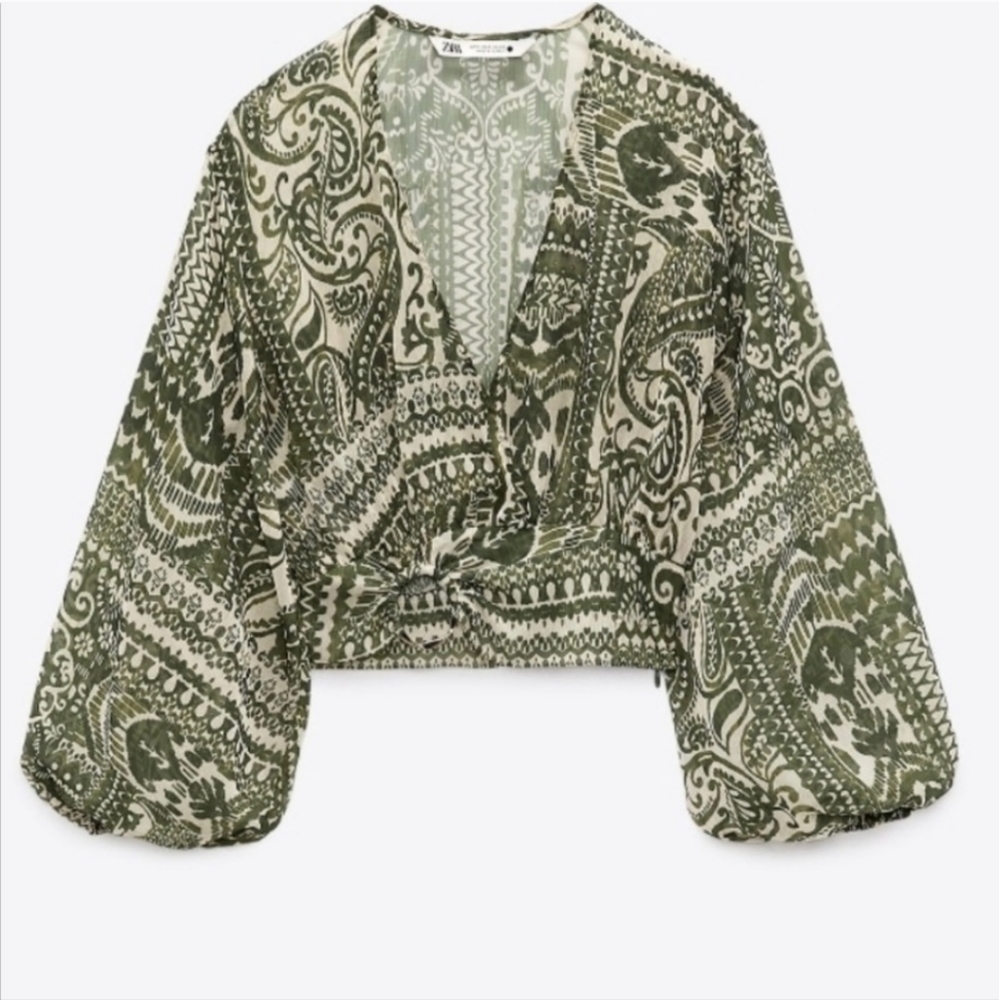 Zara Printed Surplice Crop Top Medium